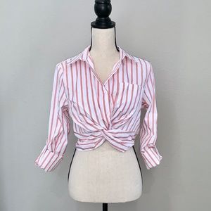 Twist Front Striped Crop Button Down Shirt in Red